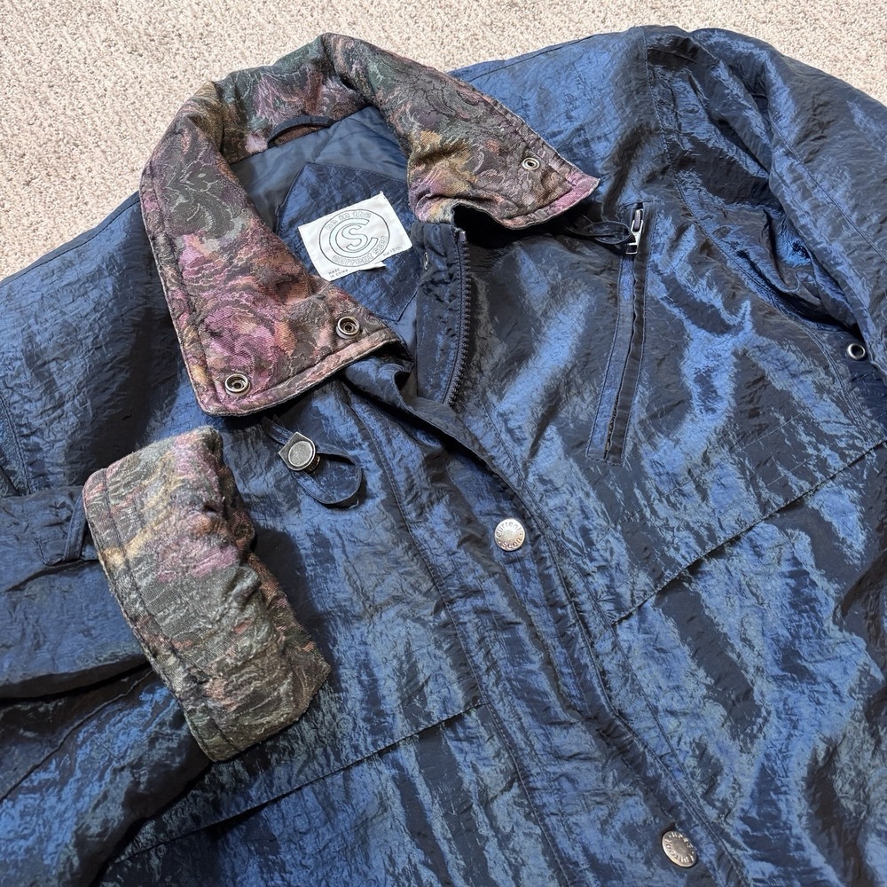 Vtg Current Seen Nylon Blend Blue Iridescent Coat Jacket Snap Lined‎ 80s Winter